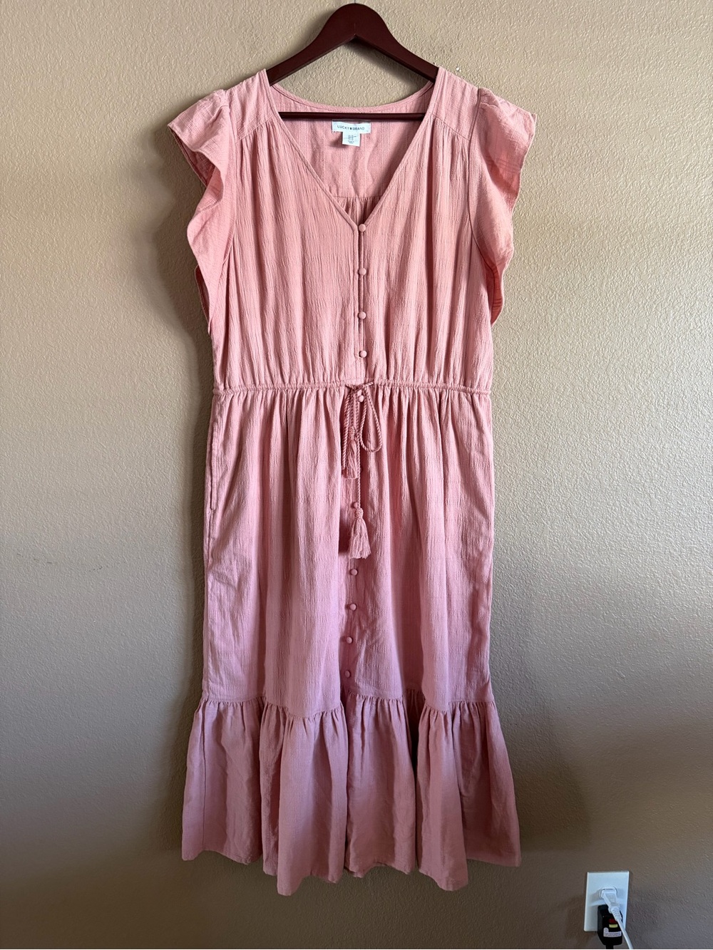 Lucky Brand Blush Pink Button Front Maxi Dress with Tassel Tie & Pockets Size XL